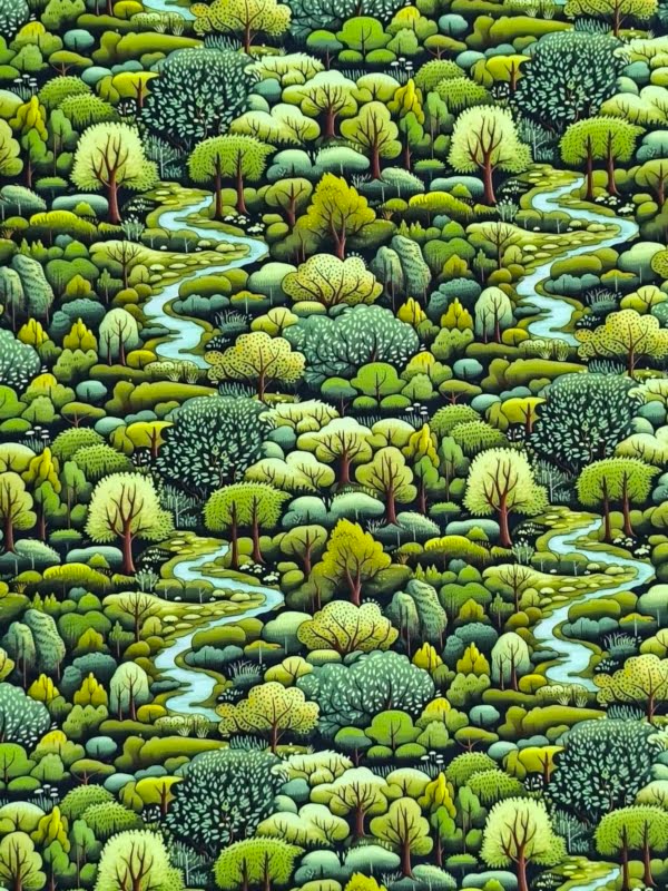 A design of a Green forest with lots of trees and a stream running through it, on Stretch Cotton Jersey Fabric