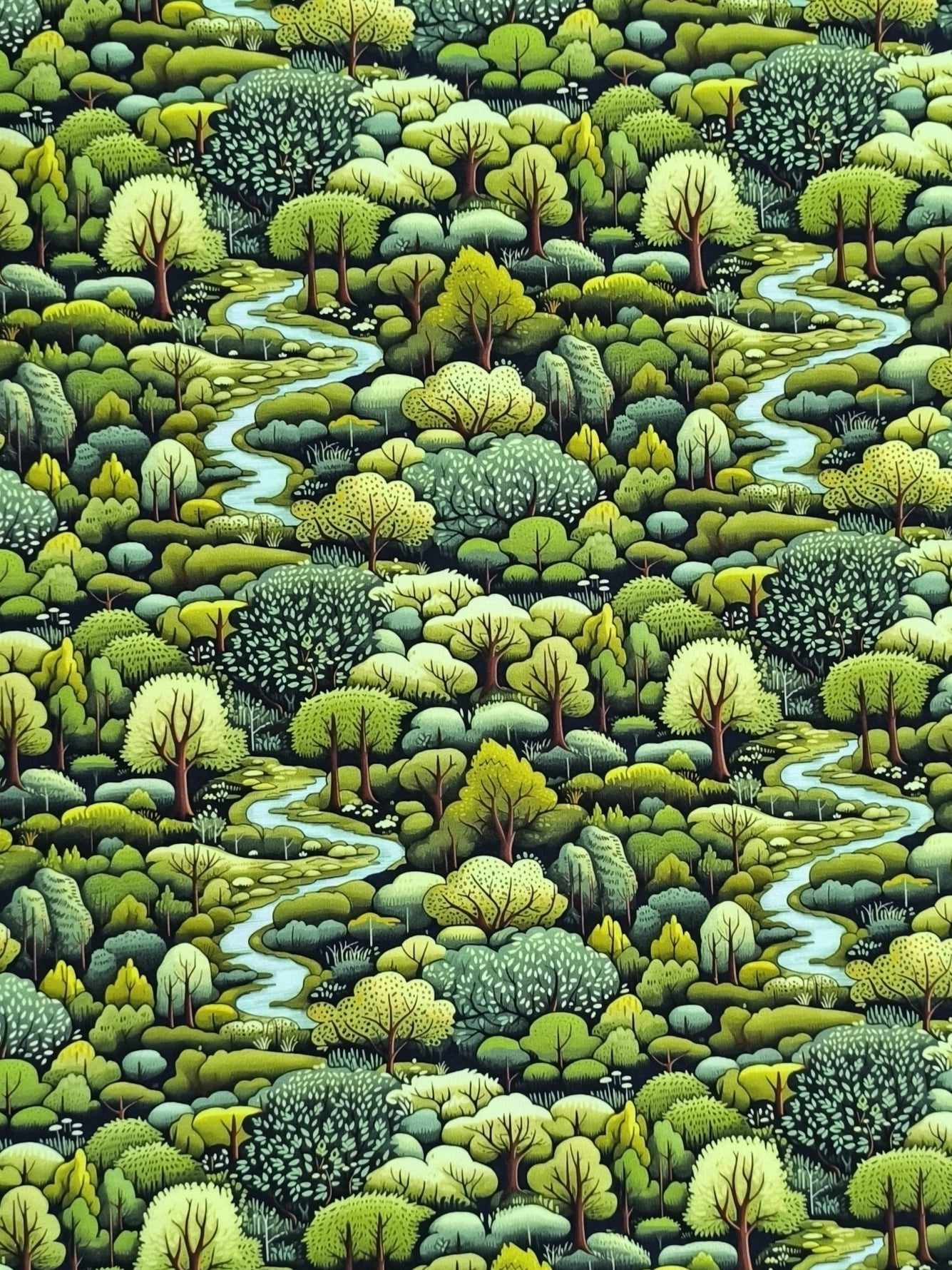 A design of a Green forest with lots of trees and a stream running through it, on Stretch Cotton Jersey Fabric