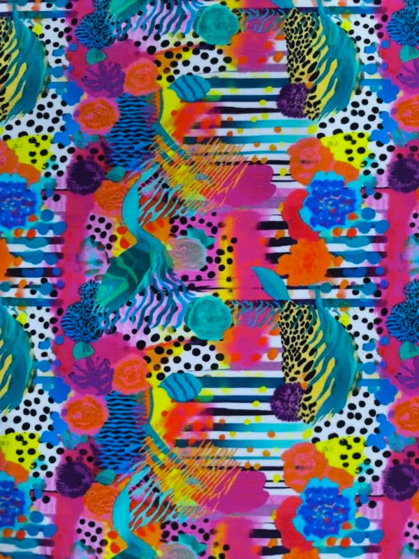 Cool lines and shapes, with vibrant colours on this geometric abstract deisgn, which has been digitally printed on Stretch Cotton Jersey Fabric