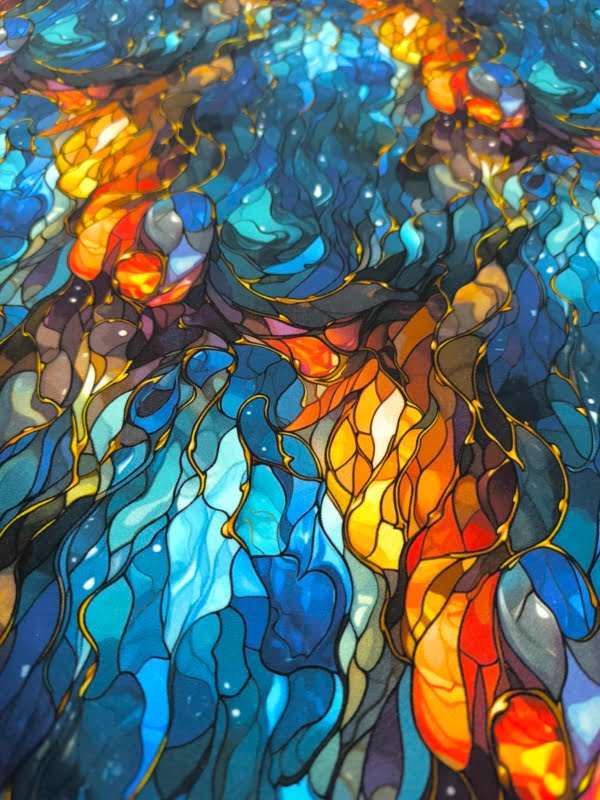 Blue and orange waves in a stained glass effect, which has been digitally printed on Stretch Cotton Jersey Fabric