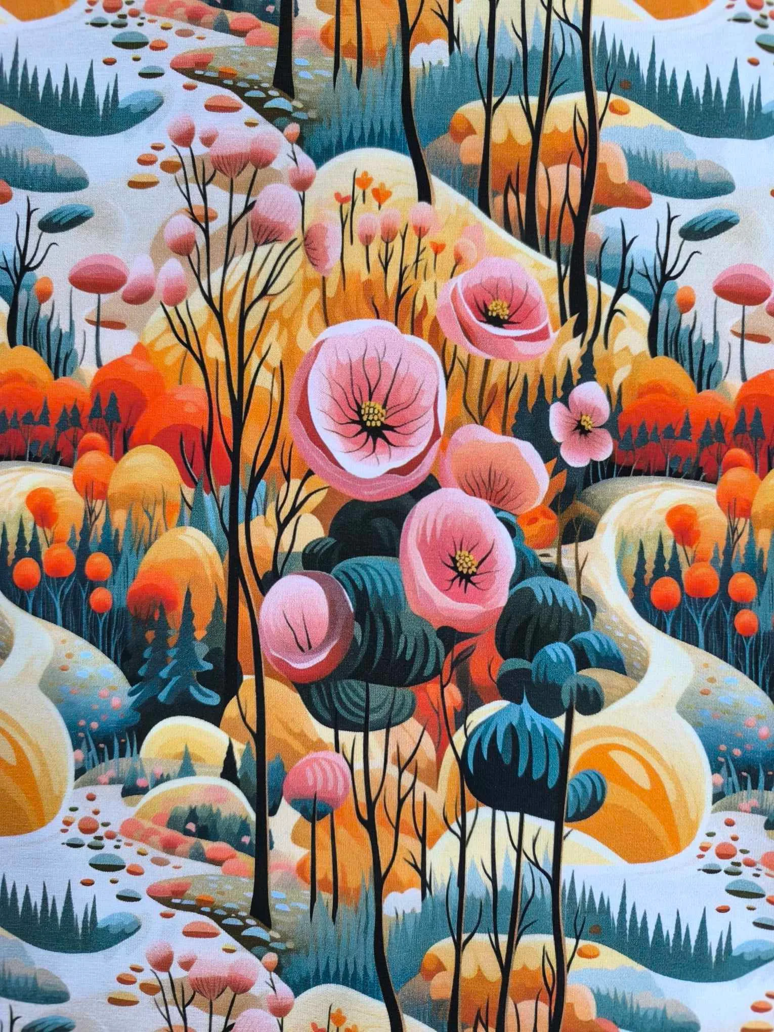 Shark Donut Jersey Fabric £16.50pm 3 Pink Floral Trees in a forest, which have been digitally printed on Stretch Cotton Jersey Fabric