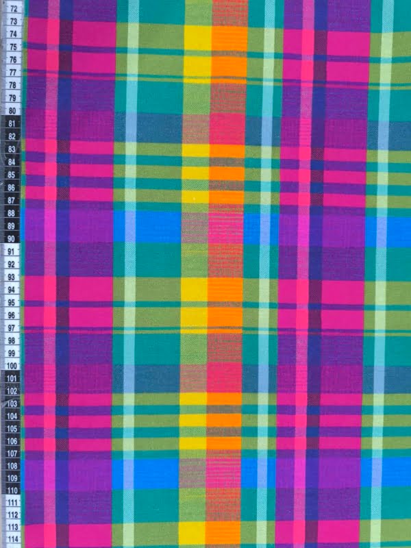 Rainbow tartan stripes and squares, vibrant colourful deisgn on Stretch Cotton Jersey Fabric