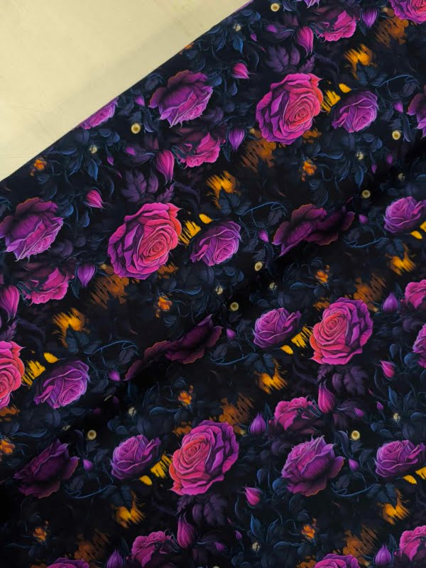 Pink, purple roses on a dark background, spooky but pretty deisgn on Stretch Cotton Jersey Fabric