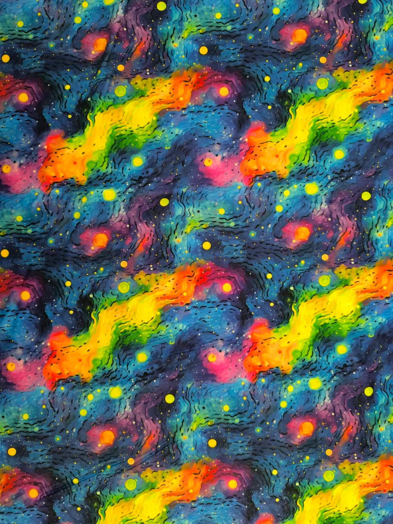 vibrant rainbow Gakaxy design on super soft squish fabric, a stretchy snuggly polyester material.