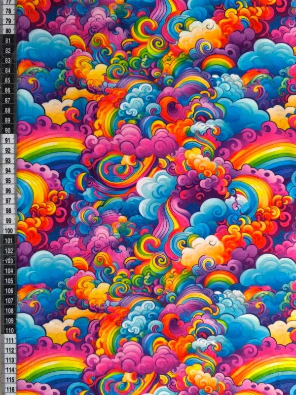 vibrant rainbow design on super soft squish fabric, a stretchy snuggly polyester material.