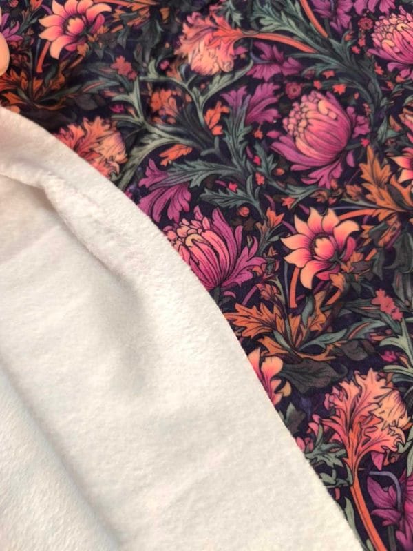 Purple William morris floral design on super soft squish fabric, a stretchy snuggly polyester material.