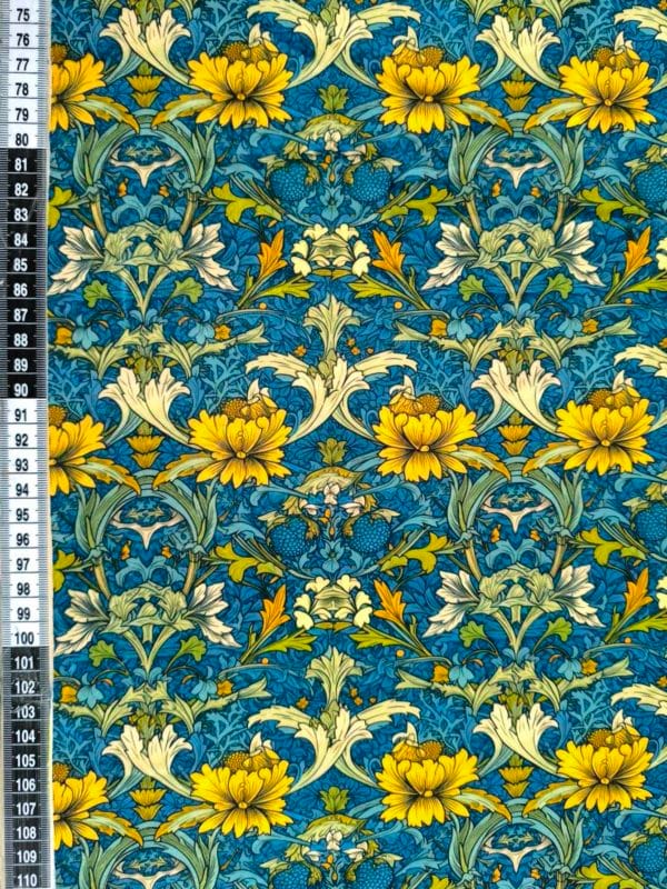 Blue William morris floral design on super soft squish fabric, a stretchy snuggly polyester material.