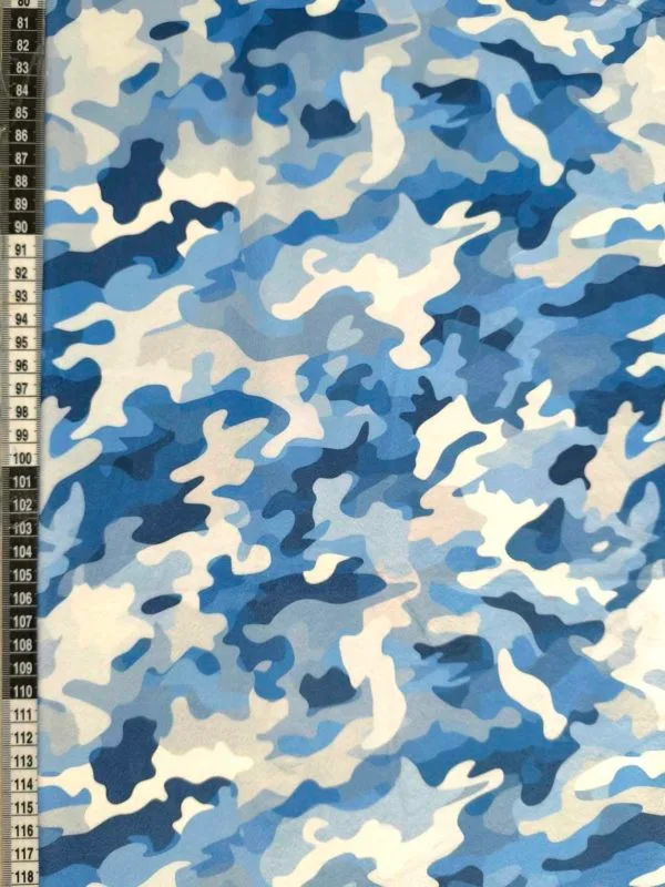 Blue Camouflage design on super soft squish fabric, a stretchy snuggly polyester material.
