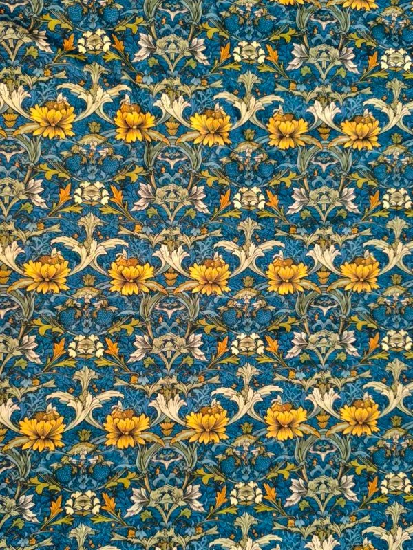 Blue William morris floral design on super soft squish fabric, a stretchy snuggly polyester material.