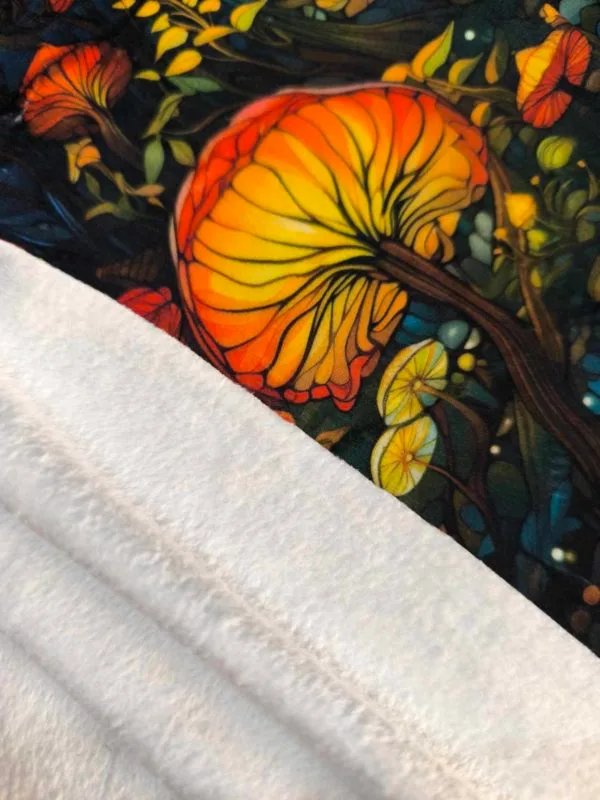 vibrant Mushroom design on super soft squish fabric, a stretchy snuggly polyester material.