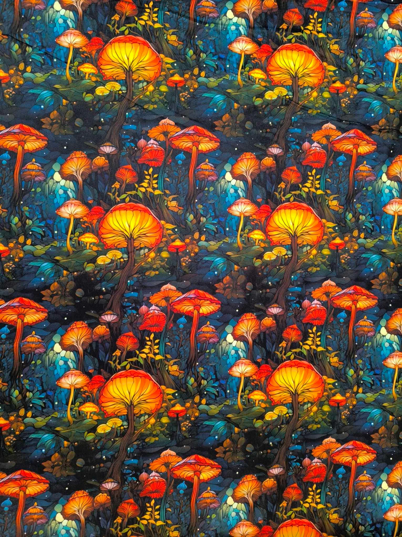 vibrant Mushroom design on super soft squish fabric, a stretchy snuggly polyester material.