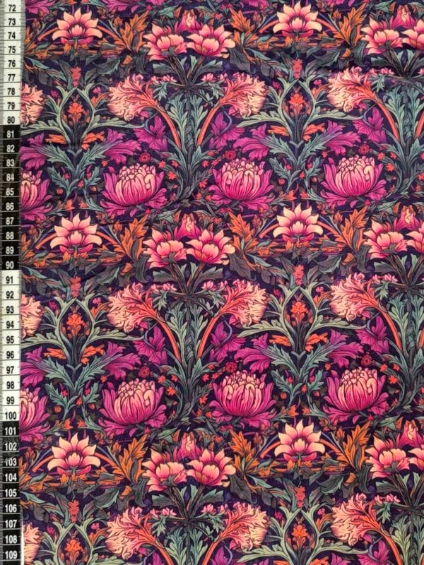 Purple William morris floral design on super soft squish fabric, a stretchy snuggly polyester material.