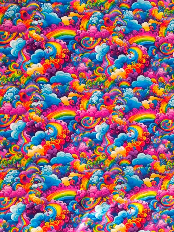 vibrant rainbow design on super soft squish fabric, a stretchy snuggly polyester material.