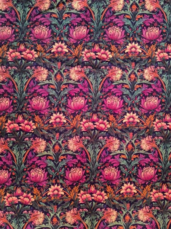 Purple William morris floral design on super soft squish fabric, a stretchy snuggly polyester material.