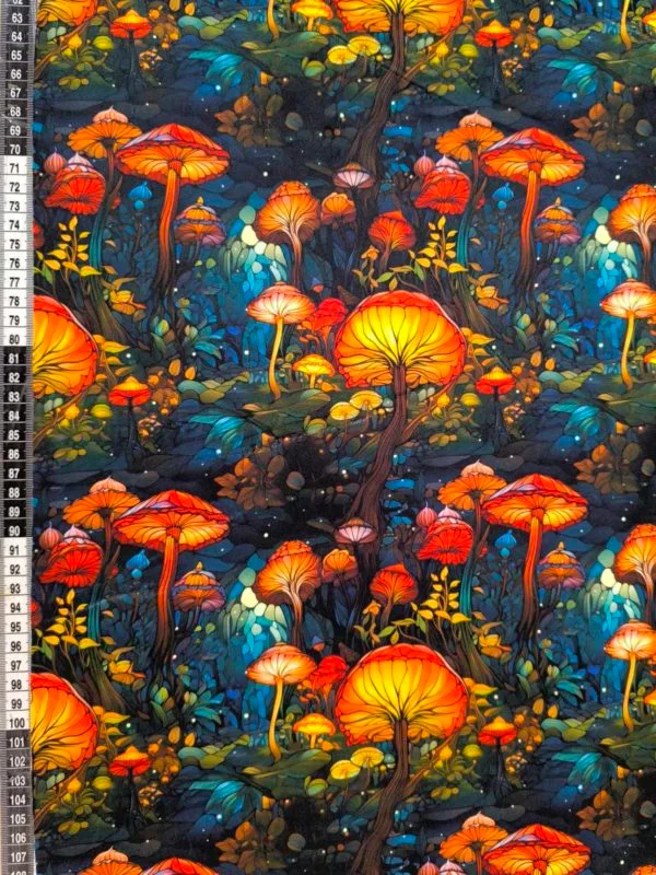 vibrant Mushroom design on super soft squish fabric, a stretchy snuggly polyester material.