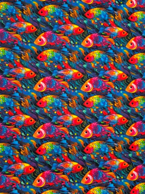 vibrant rainbow Fish design on super soft squish fabric, a stretchy snuggly polyester material.