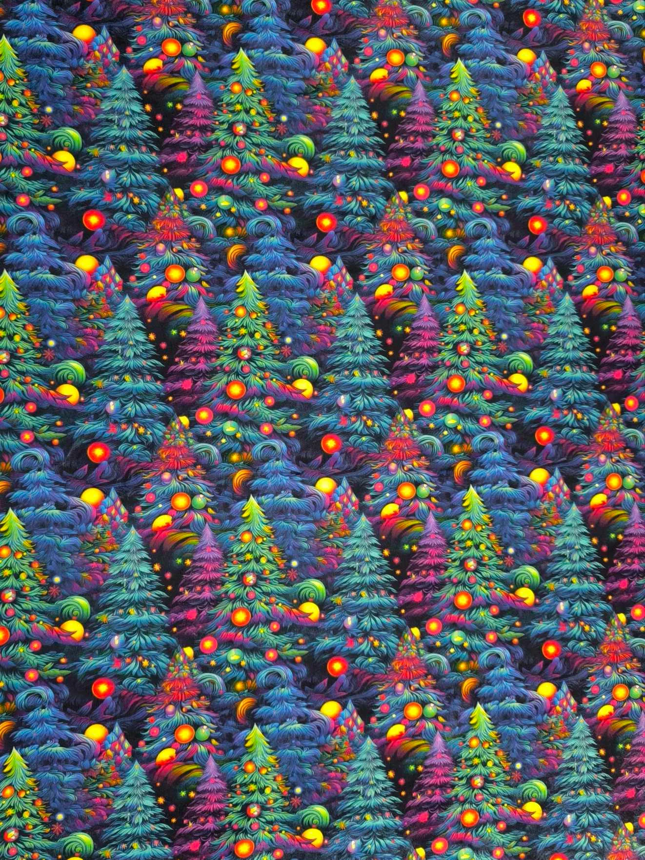 vibrant rainbow christmas tree design on super soft squish fabric, a stretchy snuggly polyester material.