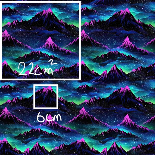 Vibrant blues and purples on this Mountain design on a dark background, a beautiful jersey stretch fabric for sewing clothes.