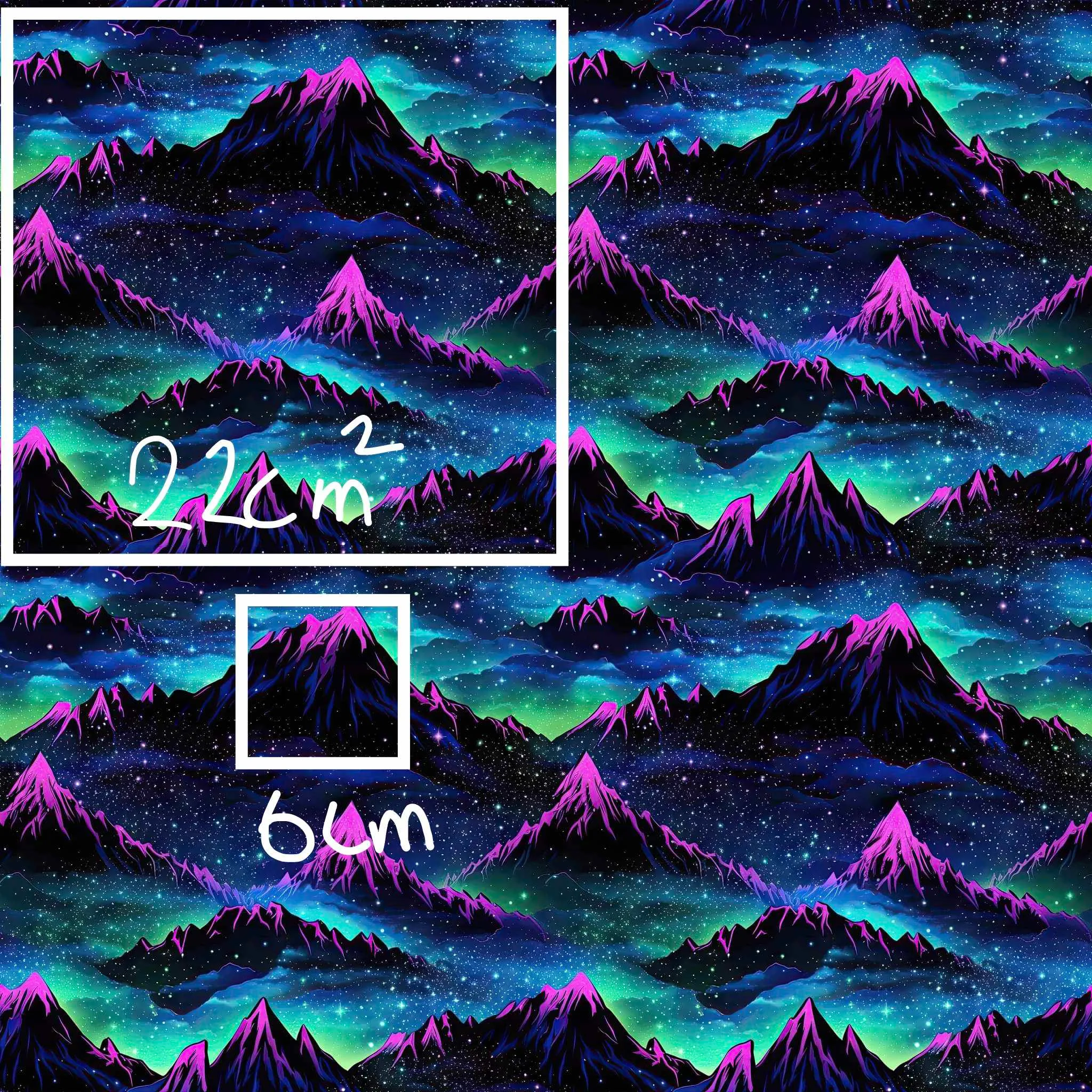 Vibrant blues and purples on this Mountain design on a dark background, a beautiful jersey stretch fabric for sewing clothes.