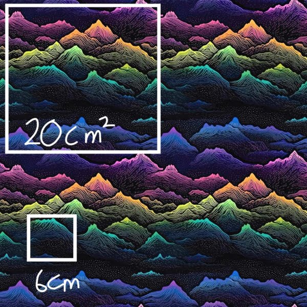 Rainbow Mountain design on a dark background, a beautiful jersey stretch fabric for sewing clothes.