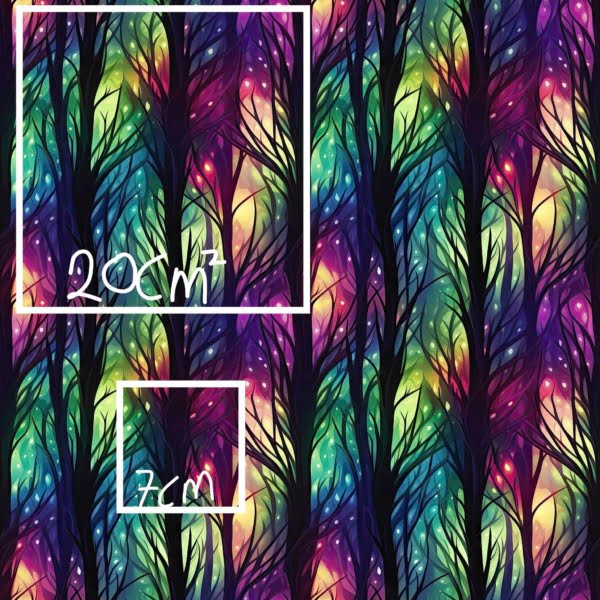 Rainbow backround with black trees and branches, a beautiful jersey stretch fabric for sewing clothes.