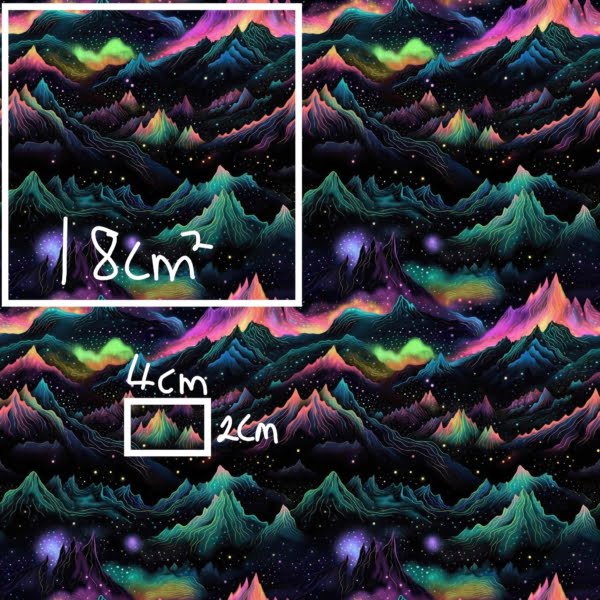 Aurora Borealis style Mountain design on a dark background, a beautiful jersey stretch fabric for sewing clothes.