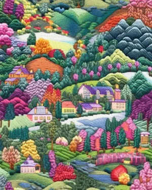 Embroidered Countryside French Terry Fabric £18pm Embroidered Countryside French Terry Fabric £18pm