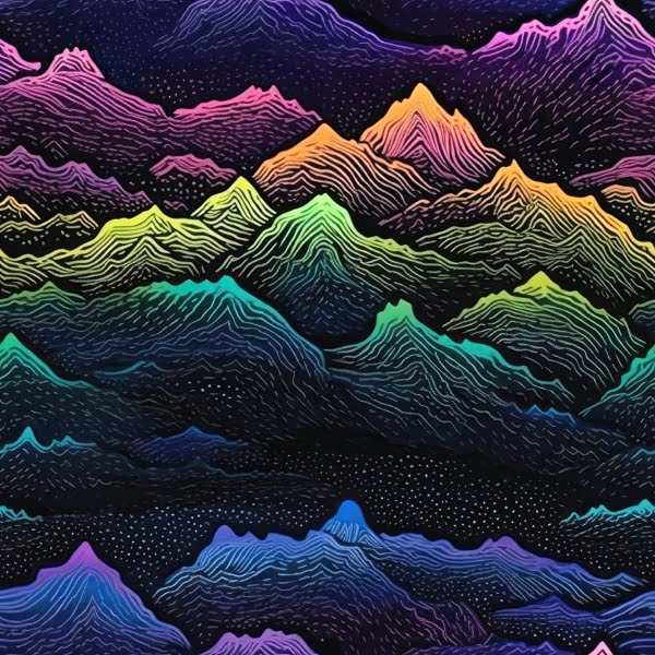 Rainbow Mountain design on a dark background, a beautiful jersey stretch fabric for sewing clothes.