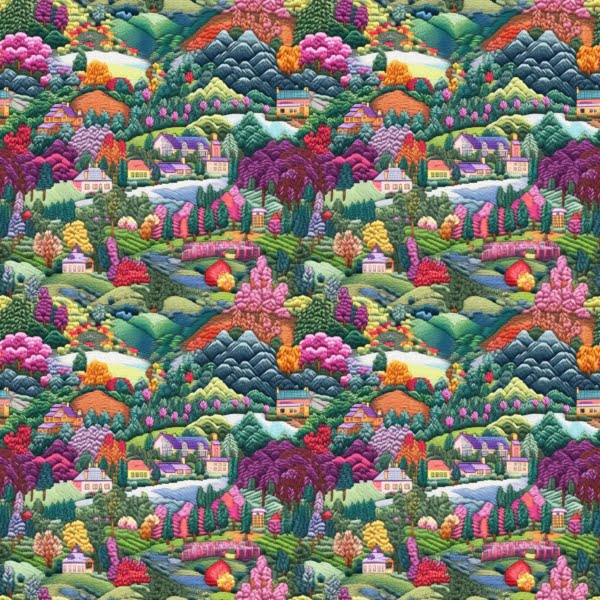 Embroidery effect cottages with floral countryside it is a beautiful jersey stretch fabric for sewing clothes.