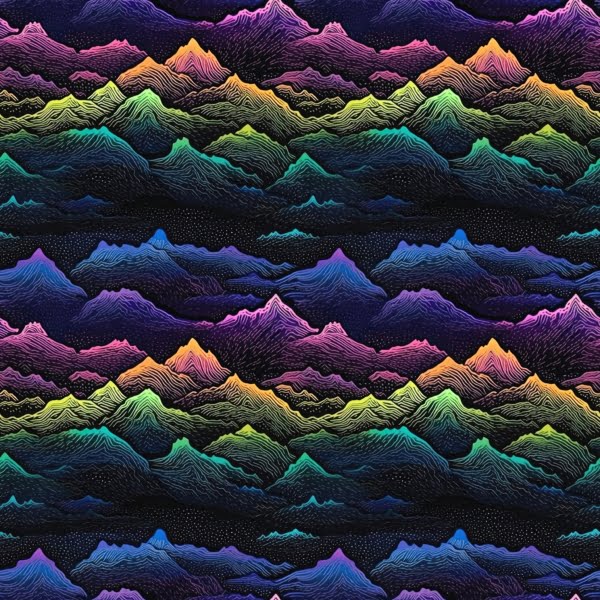 Rainbow Mountain design on a dark background, a beautiful jersey stretch fabric for sewing clothes.