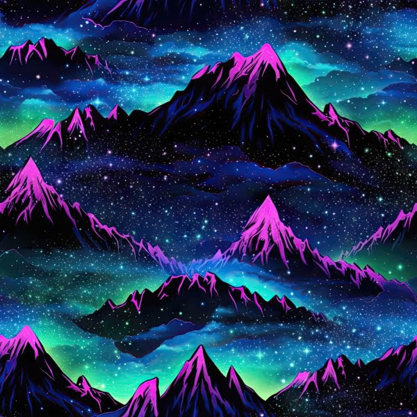 Vibrant blues and purples on this Mountain design on a dark background, a beautiful jersey stretch fabric for sewing clothes.