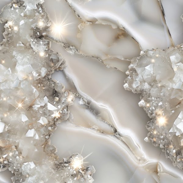 Stunning White glittery effect Quarts crystal Geode design it is a beautiful jersey stretch fabric for sewing clothes.