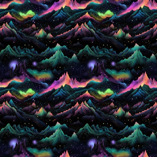 Aurora Borealis style Mountain design on a dark background, a beautiful jersey stretch fabric for sewing clothes.