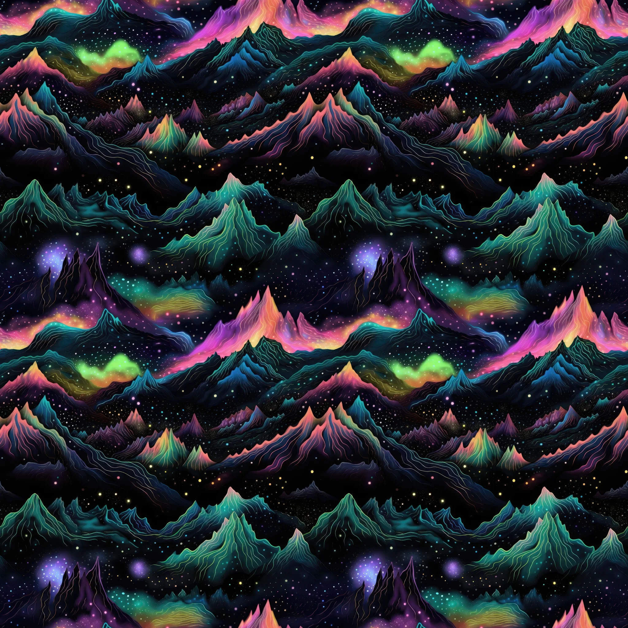 Aurora Borealis style Mountain design on a dark background, a beautiful jersey stretch fabric for sewing clothes.