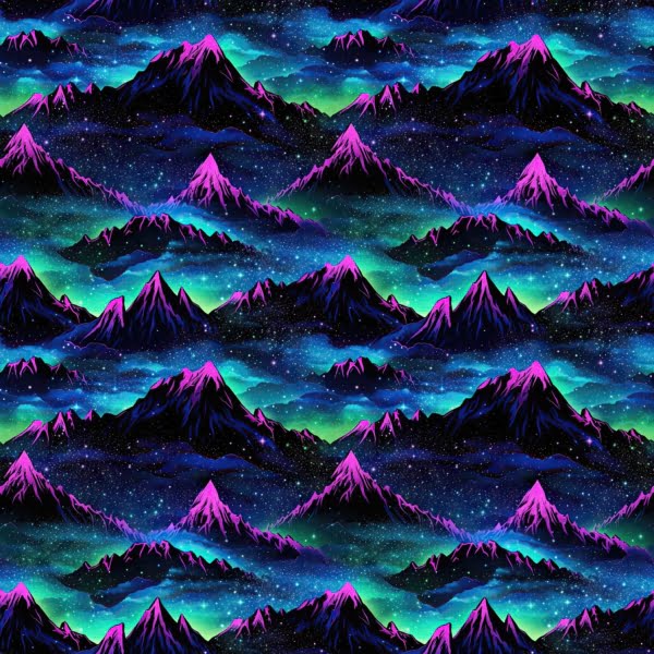 Vibrant blues and purples on this Mountain design on a dark background, a beautiful jersey stretch fabric for sewing clothes.