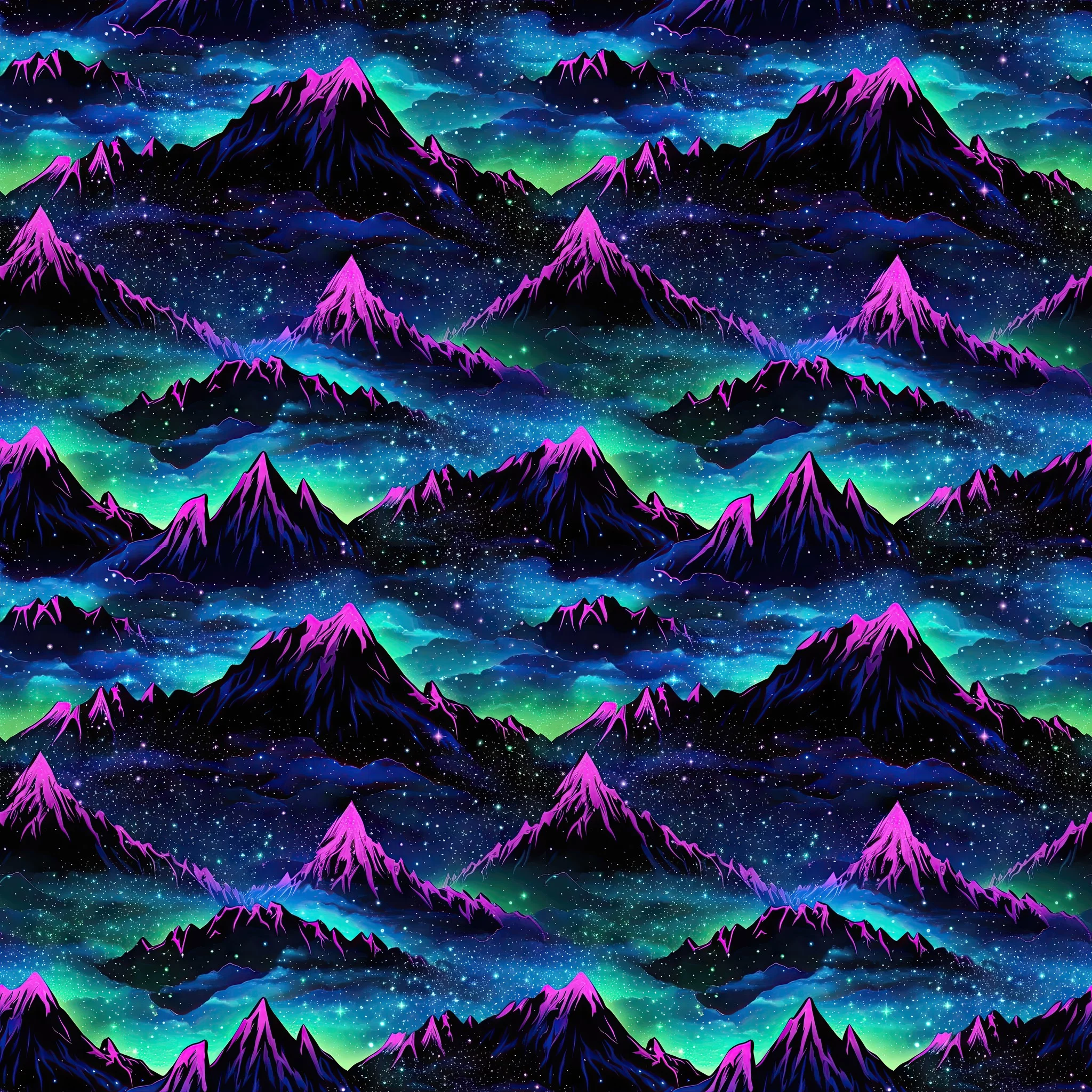 Vibrant blues and purples on this Mountain design on a dark background, a beautiful jersey stretch fabric for sewing clothes.