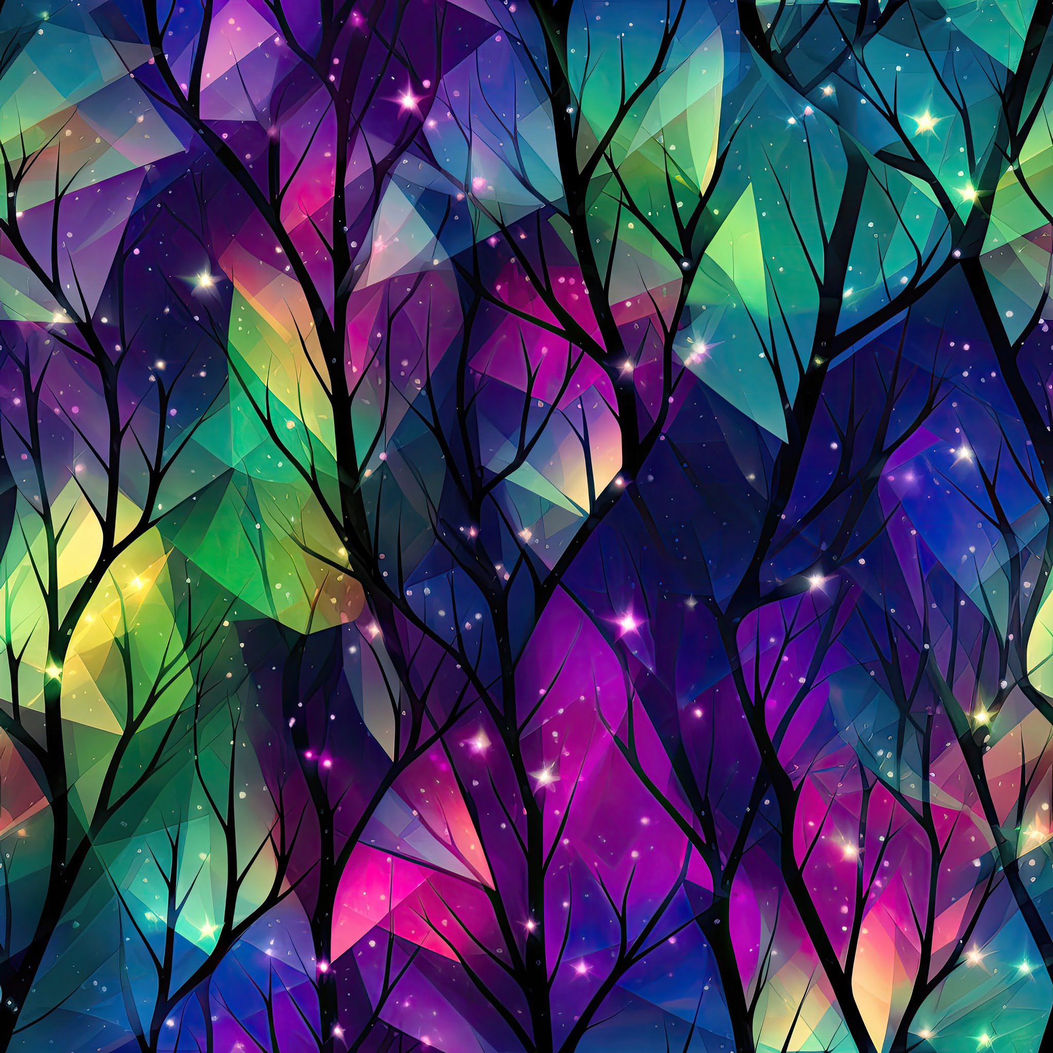 Rainbow stained glass effect backround with black trees and branches, a beautiful jersey stretch fabric for sewing clothes.