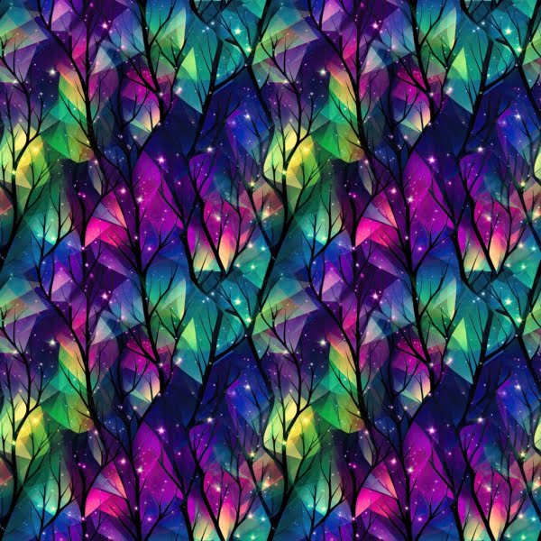 Rainbow stained glass effect backround with black trees and branches, a beautiful jersey stretch fabric for sewing clothes.