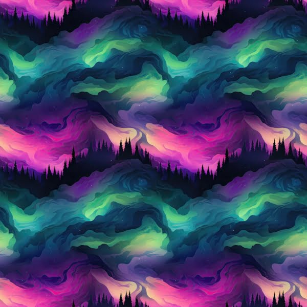 Aurora Borealis landscape with trees and clouds, a beautiful jersey stretch fabric for sewing clothes.