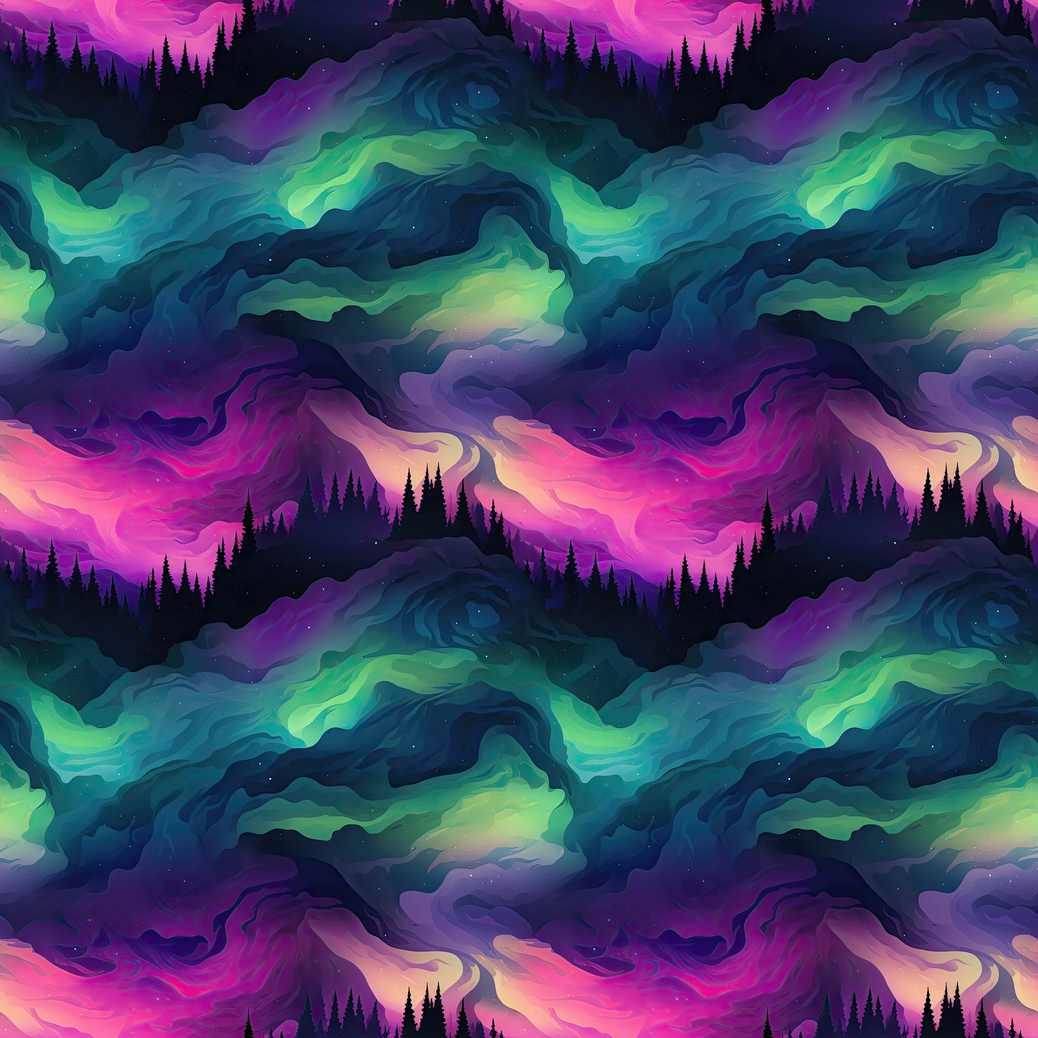 Aurora Borealis landscape with trees and clouds, a beautiful jersey stretch fabric for sewing clothes.