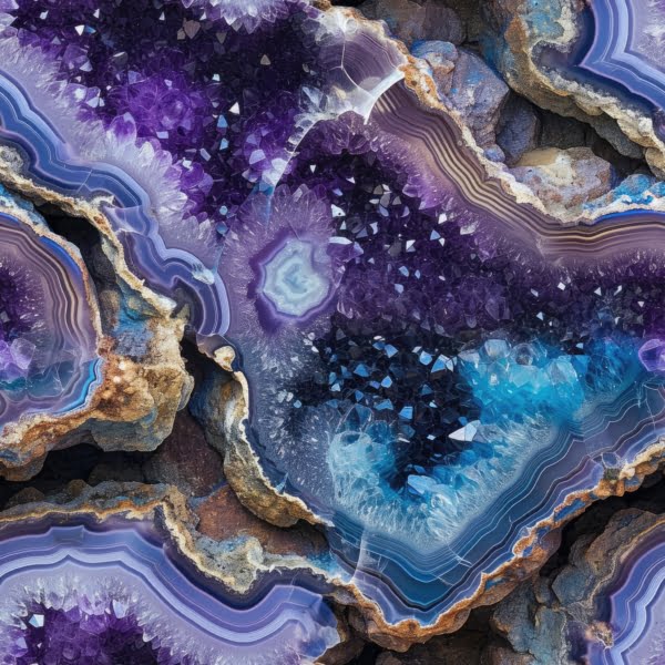 Purple, blue and glittery effect Amethyst crystal Geode crystal design it is a beautiful jersey stretch fabric for sewing clothes.