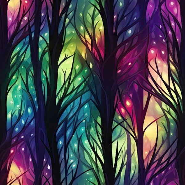 Rainbow backround with black trees and branches, a beautiful jersey stretch fabric for sewing clothes.