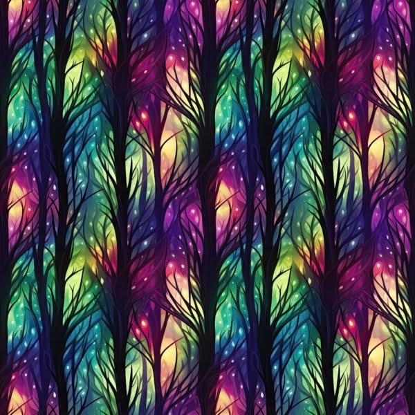 Rainbow backround with black trees and branches, a beautiful jersey stretch fabric for sewing clothes.