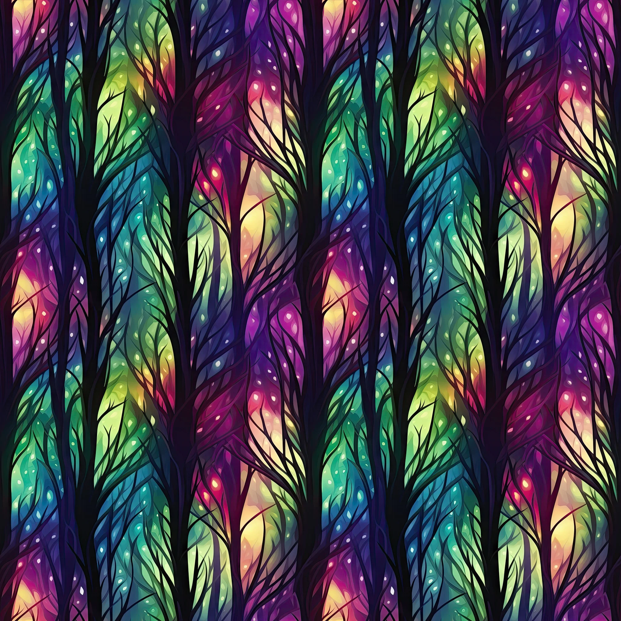 Rainbow backround with black trees and branches, a beautiful jersey stretch fabric for sewing clothes.