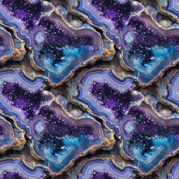 Purple, blue and glittery effect Amethyst crystal Geode crystal design it is a beautiful jersey stretch fabric for sewing clothes.