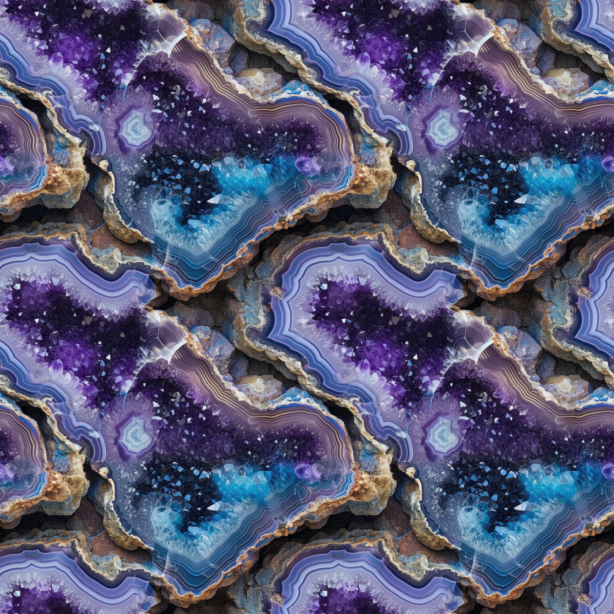 Purple, blue and glittery effect Amethyst crystal Geode crystal design it is a beautiful jersey stretch fabric for sewing clothes.