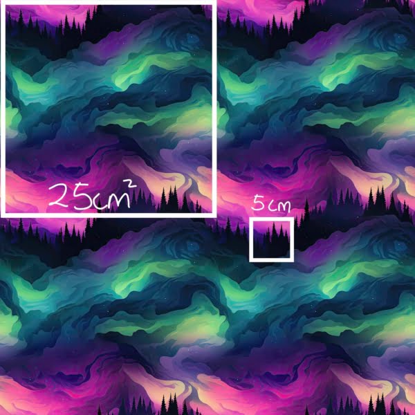 Aurora Borealis landscape with trees and clouds, a beautiful jersey stretch fabric for sewing clothes.