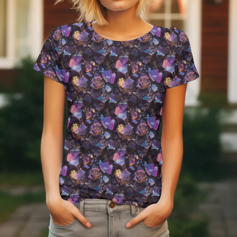 Labradorite Crystal Jersey Fabric £16.50pm 6 Colourful stretch jersey Fabric design, computer generated mock up shown on a t-shirt.