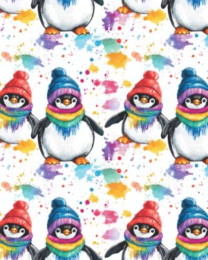 PREORDER Paint Splat Penguins French Terry Fabric Due November 2024 £18m