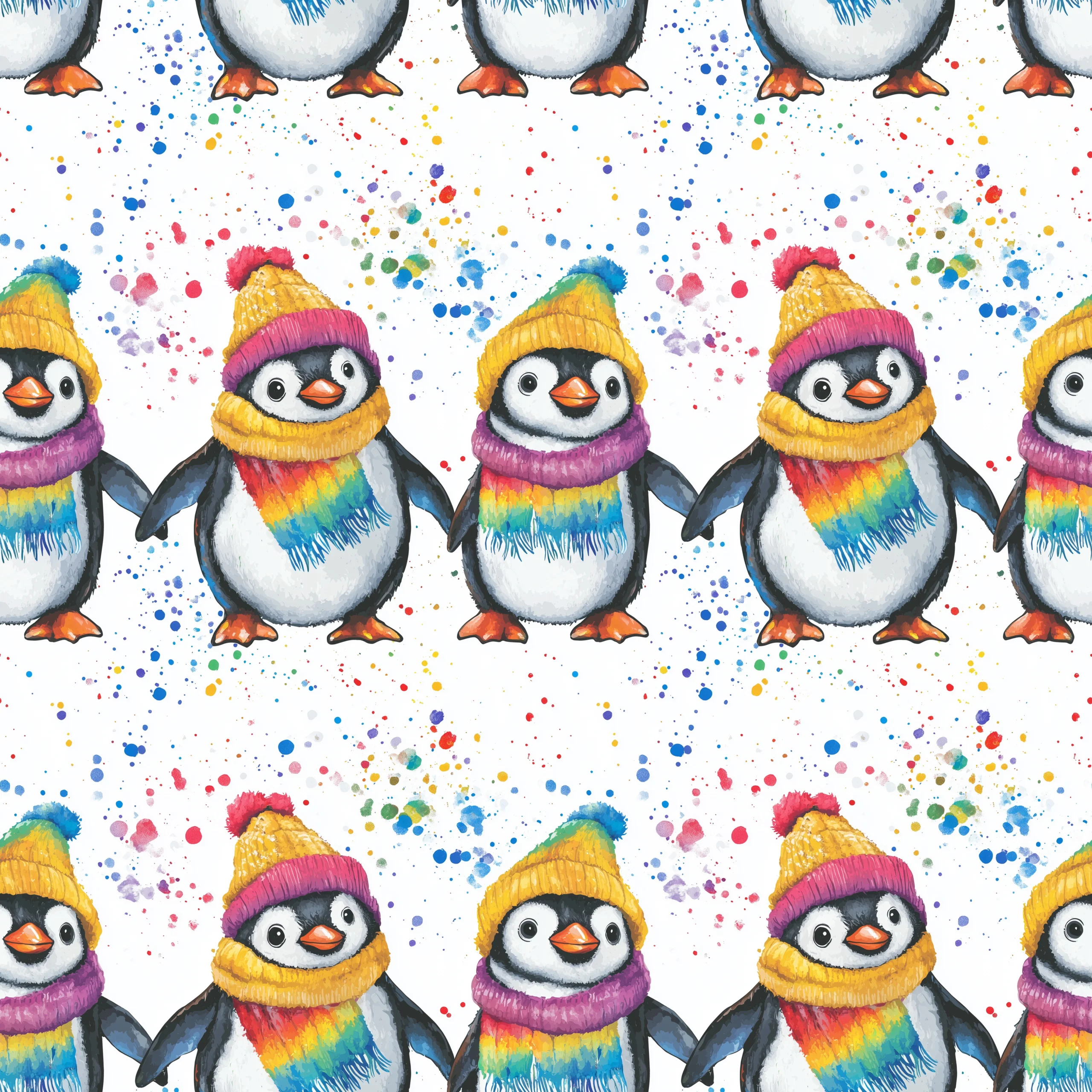 Paint Splat Penguins French Terry Fabric £18m 2